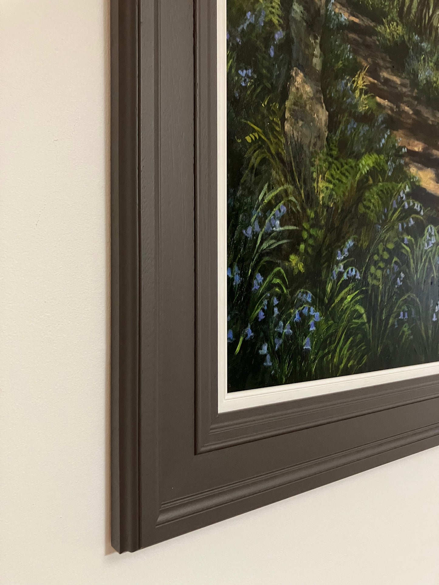 Close up of dark grey ornate frame with white inner.