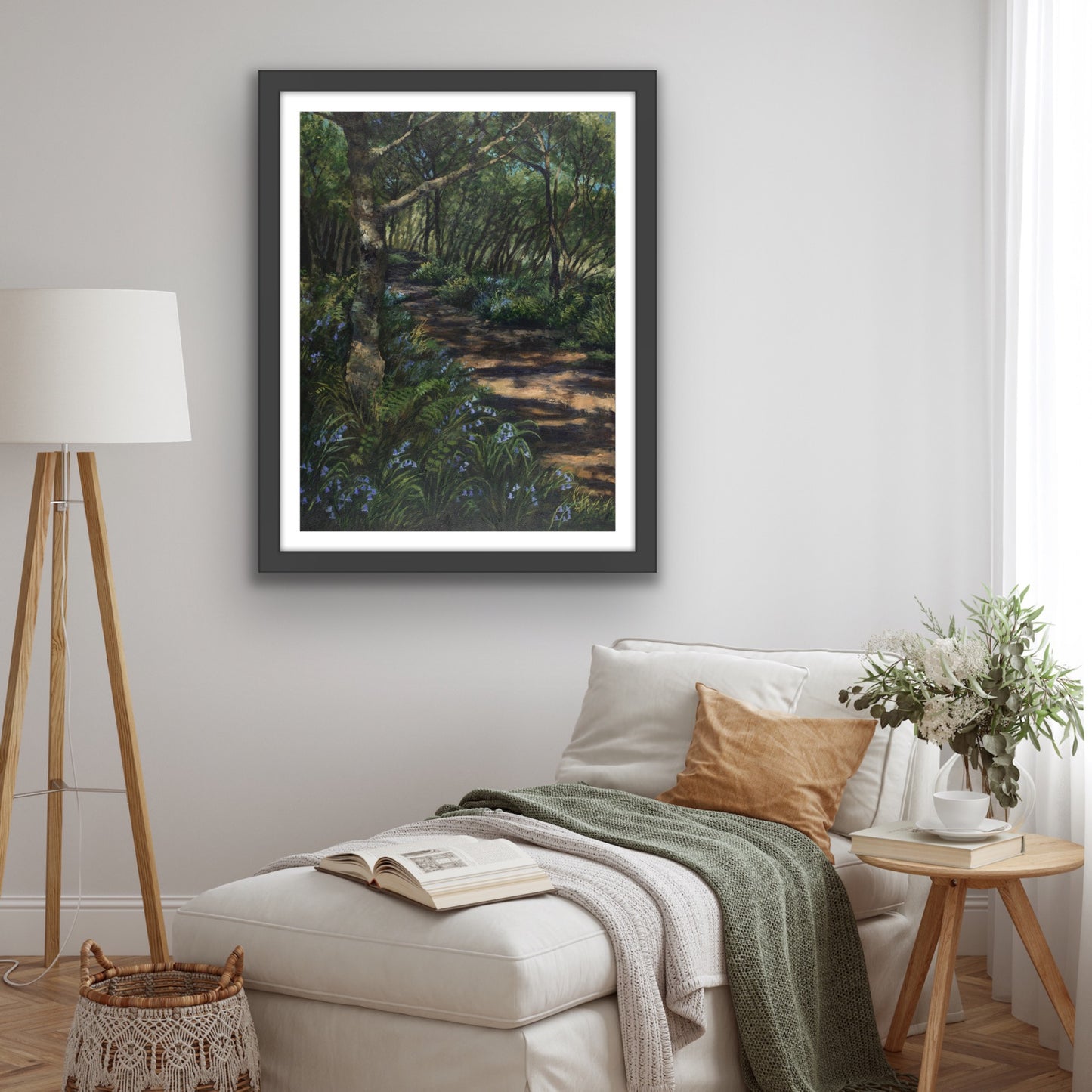 Painting in situ with cream couch and wooden furniture