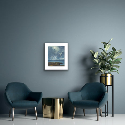 painting in situ with blue chairs, blue painted wall and ornate plant