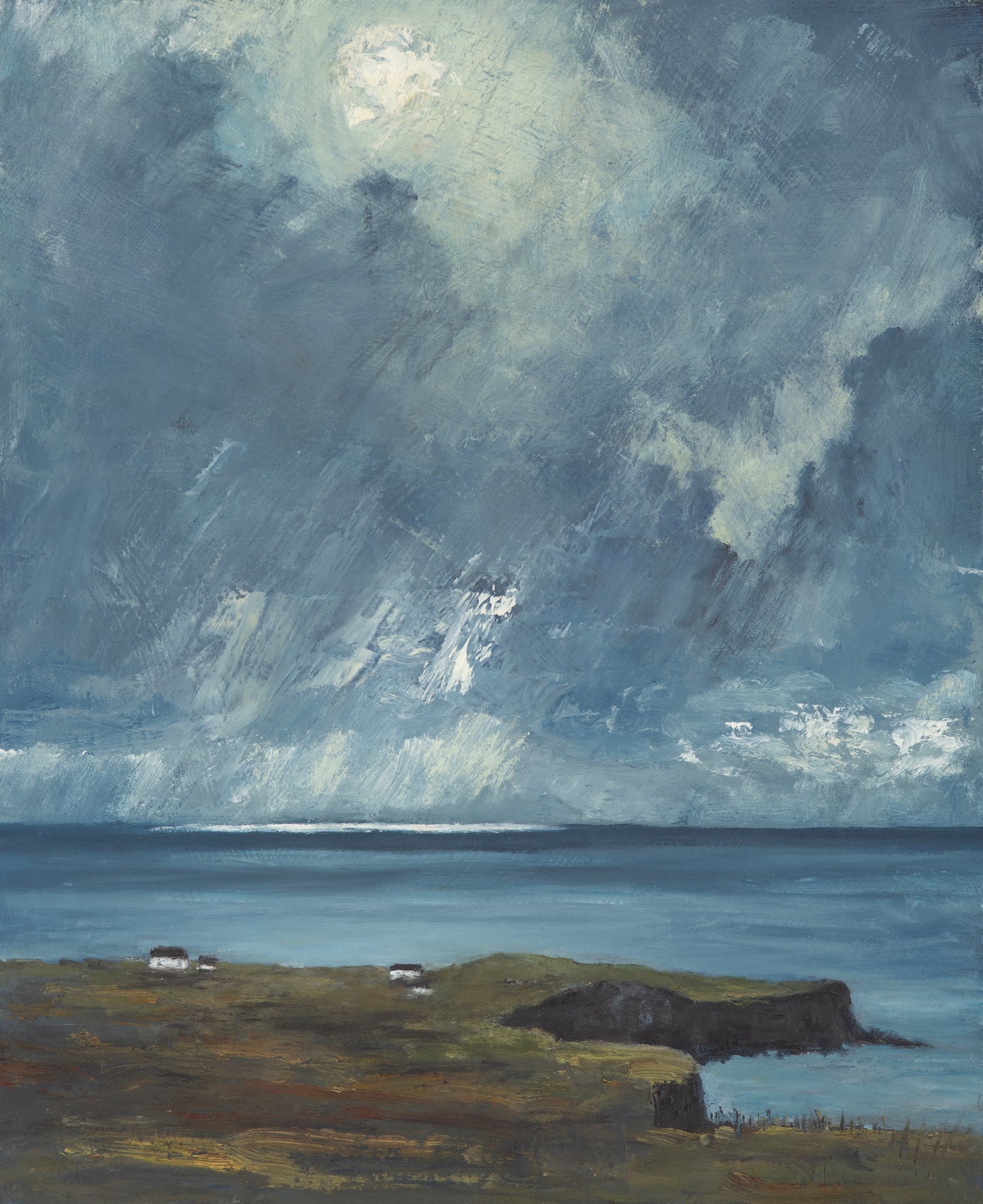original painting of sun streaming through dark clouds to light the sea below. Houses of Waternish can be seen below heading out on the peninsular