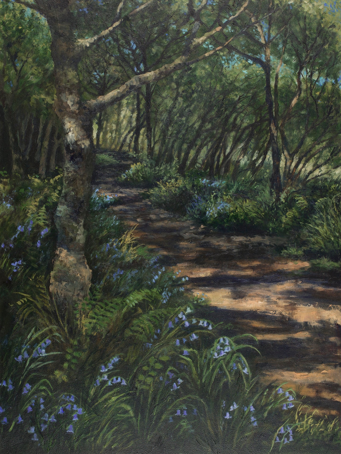 Oil painting of woodland with dappled light, and bluebells, fern and grasses with a path leading you on into the distance