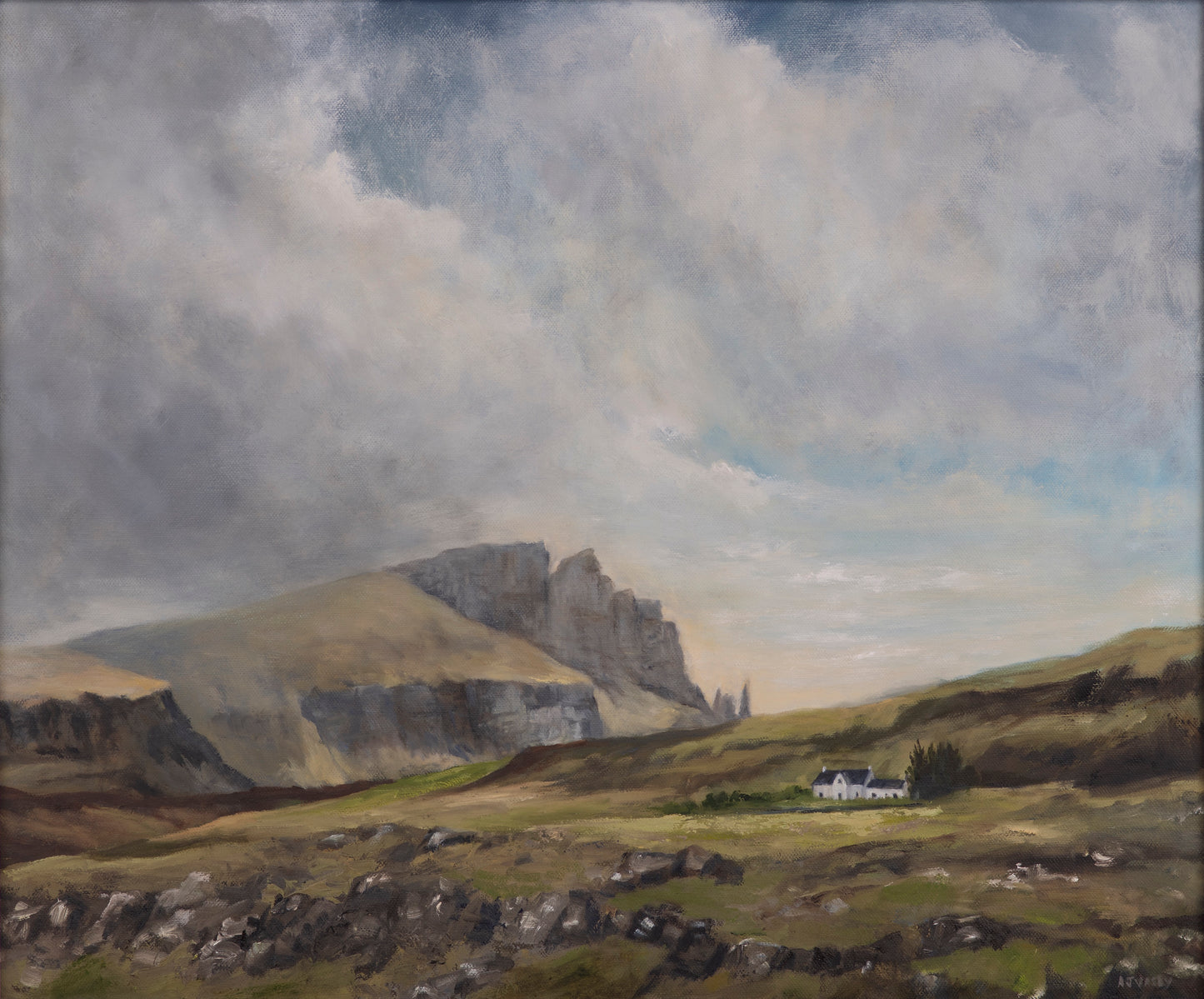 oil painting of Old Man of Storr, Trotternish Ridge, Isle of Skye, with white house in fields in the foreground