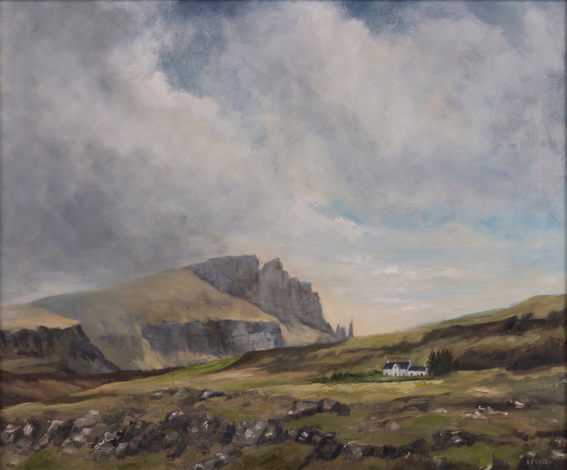 oil painting of Old Man of Storr, Trotternish Ridge, Isle of Skye, with white house in fields in the foreground